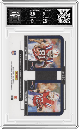 Randy Moss / Wes Welker from the 2023 Panini One set graded by Arena Club and given an overall grade of 8.