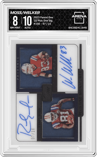 Randy Moss / Wes Welker from the 2023 Panini One set graded by Arena Club and given an overall grade of 8.