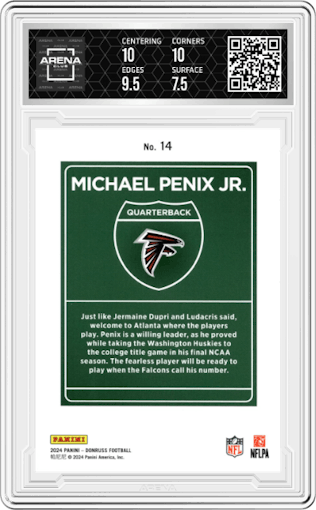 Michael Penix Jr. from the 2024 Donruss set graded by Arena Club and given an overall grade of 8.