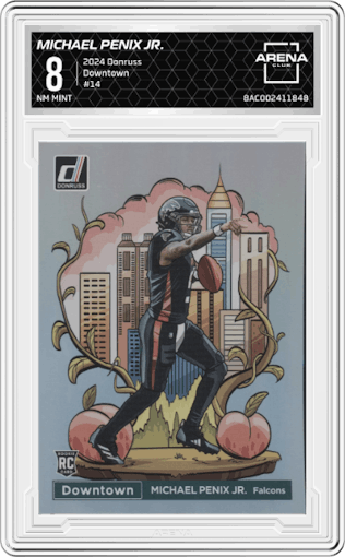 Michael Penix Jr. from the 2024 Donruss set graded by Arena Club and given an overall grade of 8.