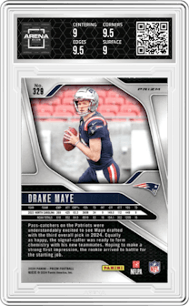 Drake Maye from the 2024 Panini Prizm set featuring a Lazer Prizm parallel graded by Arena Club and given an overall grade of 9.5.