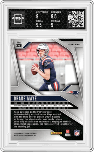 Drake Maye from the 2024 Panini Prizm set featuring a Lazer Prizm parallel graded by Arena Club and given an overall grade of 9.5.