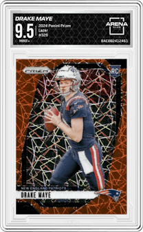 Drake Maye from the 2024 Panini Prizm set featuring a Lazer Prizm parallel graded by Arena Club and given an overall grade of 9.5.