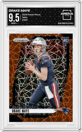 Drake Maye from the 2024 Panini Prizm set featuring a Lazer Prizm parallel graded by Arena Club and given an overall grade of 9.5.