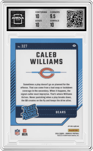 Caleb Williams from the 2024 Donruss set featuring a Red and Green parallel graded by Arena Club and given an overall grade of 10.