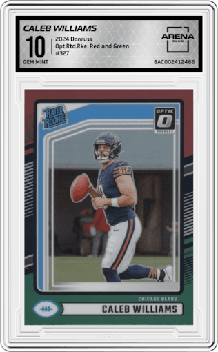 Caleb Williams from the 2024 Donruss set featuring a Red and Green parallel graded by Arena Club and given an overall grade of 10.