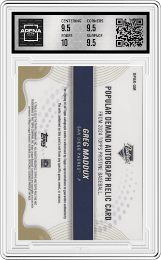 Greg Maddux from the 2024 Topps Pristine set graded by Arena Club and given an overall grade of 10.