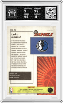 Luka Doncic from the 2023-24 Panini Hoops Premium Stock set graded by Arena Club and given an overall grade of 9.5.