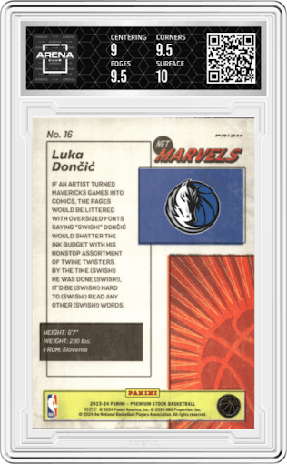 Luka Doncic from the 2023-24 Panini Hoops Premium Stock set graded by Arena Club and given an overall grade of 9.5.
