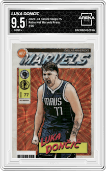 Luka Doncic from the 2023-24 Panini Hoops Premium Stock set graded by Arena Club and given an overall grade of 9.5.