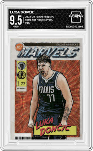 Luka Doncic from the 2023-24 Panini Hoops Premium Stock set graded by Arena Club and given an overall grade of 9.5.