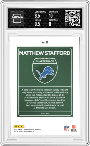 Matthew Stafford from the 2023 Donruss Optic set graded by Arena Club and given an overall grade of 8.5.