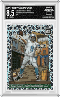 Matthew Stafford from the 2023 Donruss Optic set graded by Arena Club and given an overall grade of 8.5.