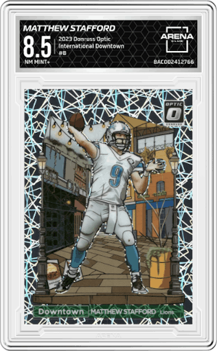 Matthew Stafford from the 2023 Donruss Optic set graded by Arena Club and given an overall grade of 8.5.
