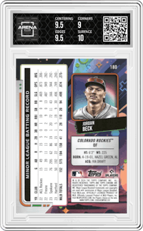 Jordan Beck from the 2024 Topps Cosmic Chrome set featuring a Red Flare Refractor parallel graded by Arena Club and given an overall grade of 9.5.