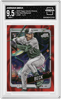 Jordan Beck from the 2024 Topps Cosmic Chrome set featuring a Red Flare Refractor parallel graded by Arena Club and given an overall grade of 9.5.