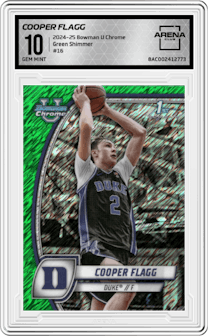 Cooper Flagg from the 2024-25 Bowman University Chrome set featuring a Green Shimmer parallel graded by Arena Club and given an overall grade of 10.