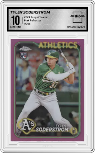 Tyler Soderstrom from the 2024 Topps Chrome set featuring a Pink Refractor parallel graded by Arena Club and given an overall grade of 10.
