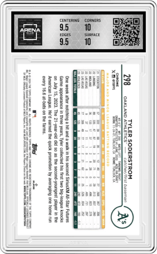 Tyler Soderstrom from the 2024 Topps Chrome set featuring a Raywave Refractor parallel graded by Arena Club and given an overall grade of 10.