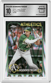 Tyler Soderstrom from the 2024 Topps Chrome set featuring a Raywave Refractor parallel graded by Arena Club and given an overall grade of 10.