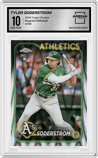 Tyler Soderstrom from the 2024 Topps Chrome set featuring a Raywave Refractor parallel graded by Arena Club and given an overall grade of 10.