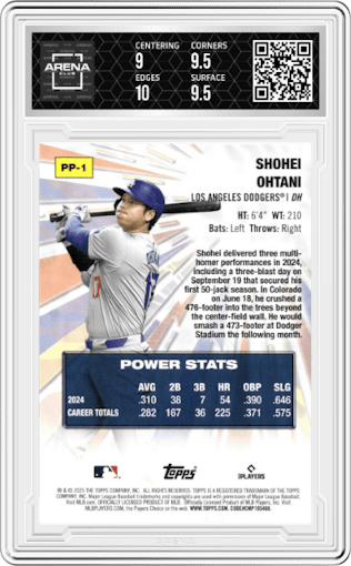Shohei Ohtani from the 2025 Topps set graded by Arena Club and given an overall grade of 9.5.