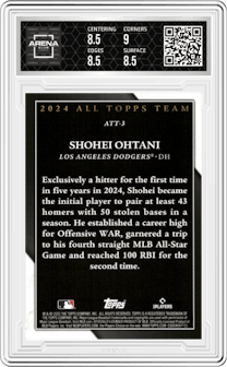 Shohei Ohtani from the 2025 Topps set graded by Arena Club and given an overall grade of 8.5.