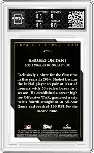 Shohei Ohtani from the 2025 Topps set graded by Arena Club and given an overall grade of 8.5.