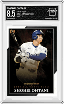 Shohei Ohtani from the 2025 Topps set graded by Arena Club and given an overall grade of 8.5.