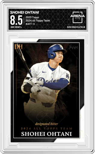 Shohei Ohtani from the 2025 Topps set graded by Arena Club and given an overall grade of 8.5.
