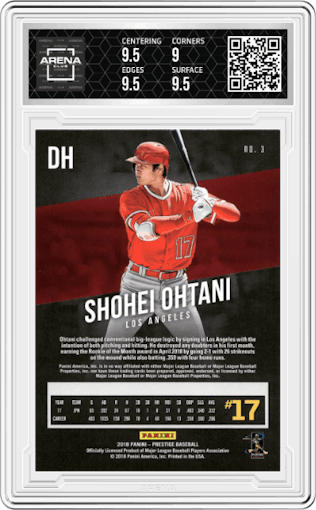 Shohei Ohtani from the 2018 Panini Chronicles set graded by Arena Club and given an overall grade of 9.5.