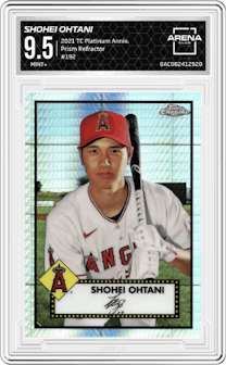 Shohei Ohtani from the 2021 Topps Chrome Platinum Anniversary set featuring a Prism Refractor parallel graded by Arena Club and given an overall grade of 9.5.