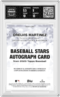 Orelvis Martinez from the 2025 Topps set graded by Arena Club and given an overall grade of 9.5.