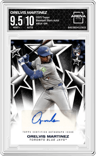 Orelvis Martinez from the 2025 Topps set graded by Arena Club and given an overall grade of 9.5.
