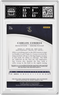 Carlos Correa from the 2015 Panini Immaculate Collection  set graded by Arena Club and given an overall grade of 8.5.