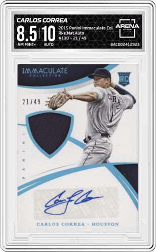 Carlos Correa from the 2015 Panini Immaculate Collection  set graded by Arena Club and given an overall grade of 8.5.