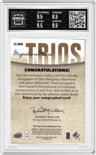 Chad Billingsley/Matt Kemp/James McDonald from the 2009 Upper Deck Signature Stars set graded by Arena Club and given an overall grade of 9.