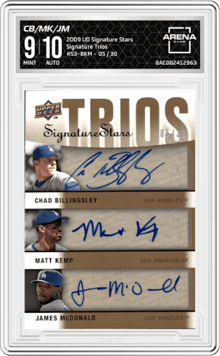 Chad Billingsley/Matt Kemp/James McDonald from the 2009 Upper Deck Signature Stars set graded by Arena Club and given an overall grade of 9.