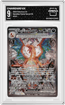 Charizard ex from the 2023 Pokemon SV set graded by Arena Club and given an overall grade of 9.