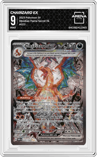 Charizard ex from the 2023 Pokemon SV set graded by Arena Club and given an overall grade of 9.