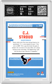 C.J. Stroud from the 2023 Donruss Optic set featuring a Holo parallel graded by Arena Club and given an overall grade of 9.