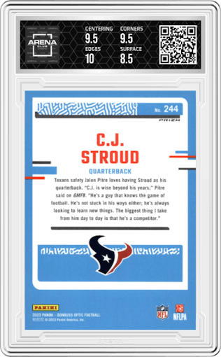C.J. Stroud from the 2023 Donruss Optic set featuring a Holo parallel graded by Arena Club and given an overall grade of 9.
