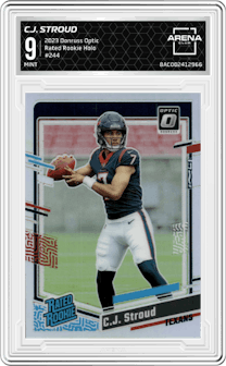 C.J. Stroud from the 2023 Donruss Optic set featuring a Holo parallel graded by Arena Club and given an overall grade of 9.