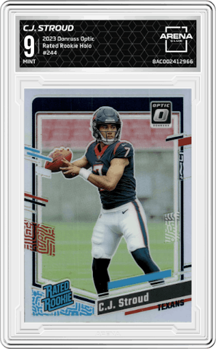C.J. Stroud from the 2023 Donruss Optic set featuring a Holo parallel graded by Arena Club and given an overall grade of 9.
