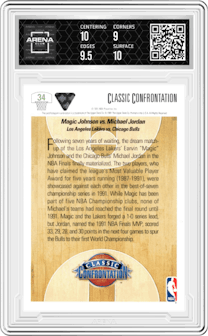 Magic Johnson/Michael Jordan from the 1991-92 Upper Deck set graded by Arena Club and given an overall grade of 9.5.