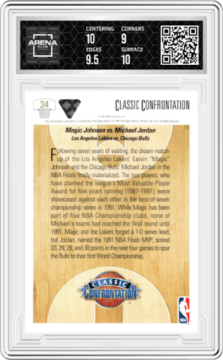 Magic Johnson/Michael Jordan from the 1991-92 Upper Deck set graded by Arena Club and given an overall grade of 9.5.