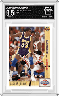 Magic Johnson/Michael Jordan from the 1991-92 Upper Deck set graded by Arena Club and given an overall grade of 9.5.