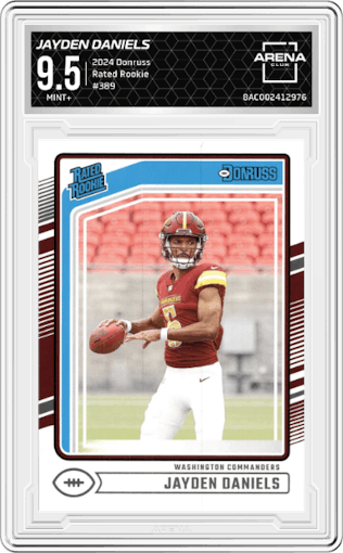 Jayden Daniels from the 2024 Donruss set graded by Arena Club and given an overall grade of 9.5.