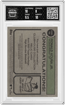 Ronald Acuna Jr. from the 2023 Topps Heritage High Number  set featuring a Gold parallel graded by Arena Club and given an overall grade of 8.5.