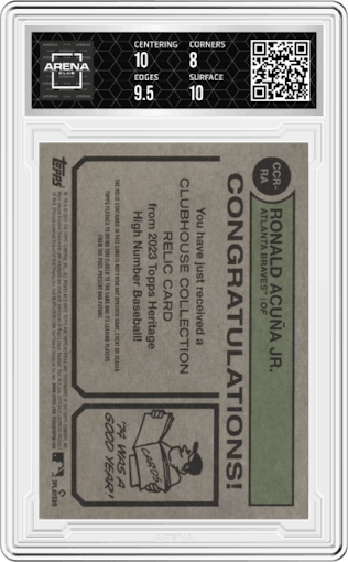 Ronald Acuna Jr. from the 2023 Topps Heritage High Number  set featuring a Gold parallel graded by Arena Club and given an overall grade of 8.5.